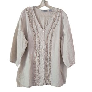 VALERIE STEVENS  Womens Button Down Top‎ Beige Size 2X 100% Linen  Breathable